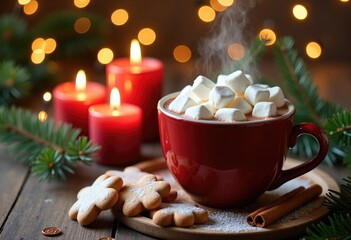 A warm Christmas composition featuring a red mug of hot cocoa with marshmallows, glowing candles, gingerbread cookies, and festive holiday decor, for advertising, branding, cards, social media, cafe