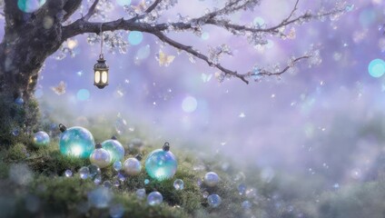 Fototapeta premium Enchanted Forest Scene with Glowing Orbs and Lantern.
