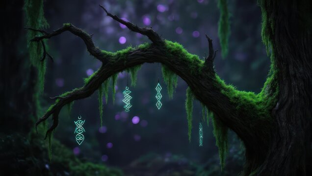Enchanted Forest with Glowing Spirits and Mossy Branches.