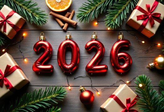 Festive New Year composition with red 2026 ornaments surrounded by green fir branches, gift boxes, orange slices, cinnamon sticks and warm glowing lights on a wooden background, holiday design, poster