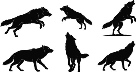 Wolf silhouette illustration set with howling, walking, and running poses, wild animal vector art for nature and wildlife design