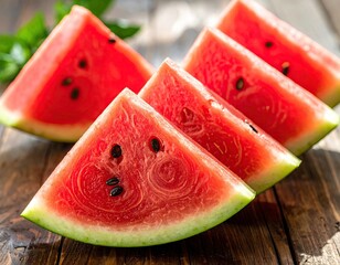 Fresh Watermelon Slices Displayed on Wooden Surface with Bright Studio Lighting