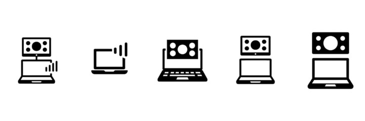 Monochrome Laptop Computer, Webcam, and Wireless Signal Icon Set Vector Image