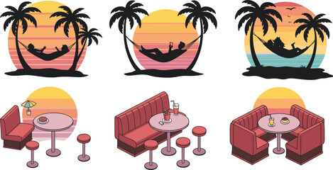 Tropical sunset beach hammock and retro cafe booth illustration, relaxing vacation vibe with palm trees, ocean sunset, and drinks