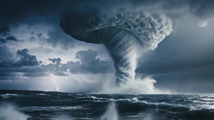 Massive waterspout forming over turbulent ocean waves under dark storm clouds with lightning flashes - Powered by Adobe