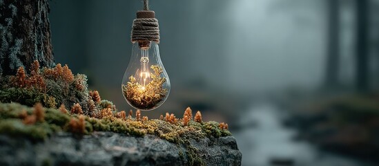 A glowing lightbulb holds a miniature forest in the middle of a foggy landscape