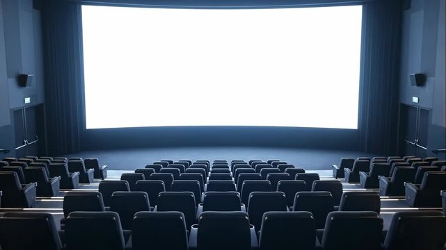Empty cinema hall from various angles showing white screen and stadium seating for movie screening