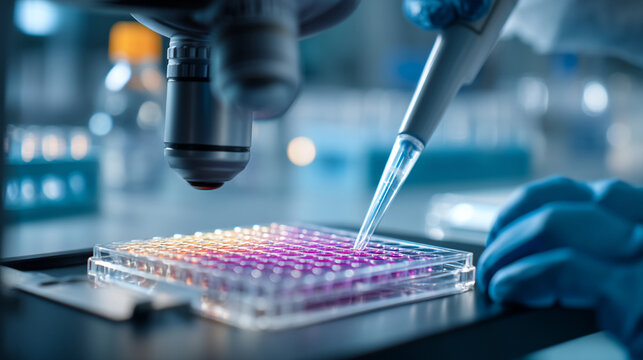Close up of a microscope and pipette over a multi well plate in a laboratory setting