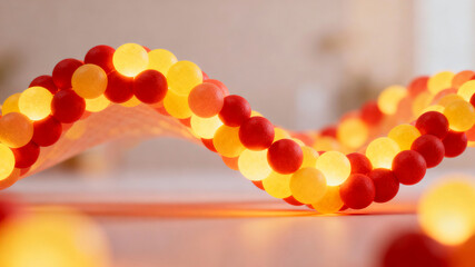 Glowing Red and Yellow Spheres Forming Abstract 3D DNA Double Helix or Molecular Chain Structure in Warm Light with Bokeh Background