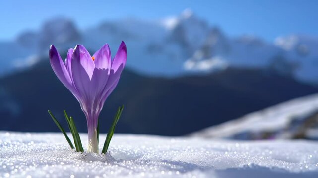 Purple crocus flower blooms from snow with mountain backdrop.