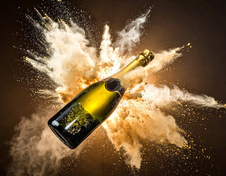 Champagne bottle erupts with explosive force, creating a dazzling display of bubbles and sparkles in a dark setting