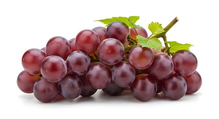 Ripe red globe grapes with green leaves on stem isolated