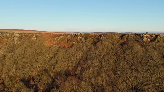 Scenic Cloud Inversion at the Peak District National park in the UK.  Cinematic Drone Landscape Exploration around Froggatt Edge, Curbar Edge and Baslow Edge, which are the most popular hiking trails.