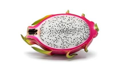 Half a dragon fruit with white flesh and black seeds, isolated