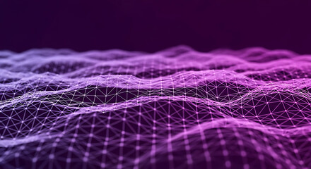 Abstract purple network with white lines and dots creating a wave like pattern on a dark background