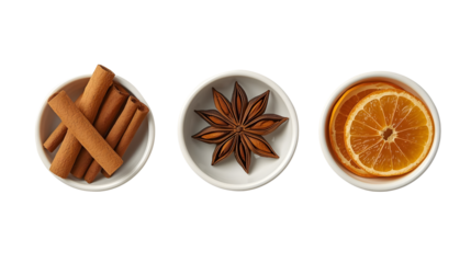 Three white bowls containing cinnamon sticks star anise and dried orange slices on a black background on transparent background
