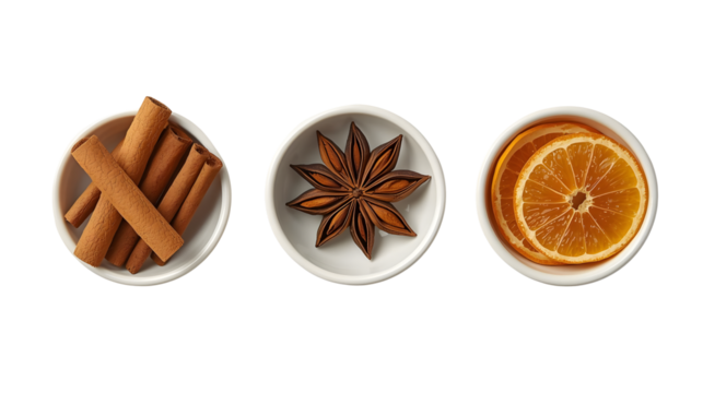 Three white bowls containing cinnamon sticks star anise and dried orange slices on a black background on transparent background - Powered by Adobe