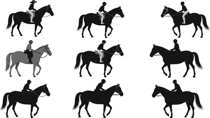 Horse riding silhouettes collection, equestrian sport illustration, horseback riders in motion, horseman vector design for training, competition, and adventure themes