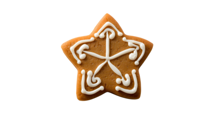 A single star shaped gingerbread cookie with white icing on a black background close up view on transparent background