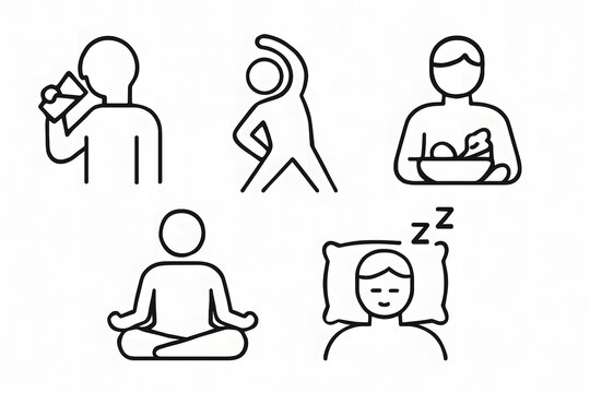 Wellness Habits Icons: A set of five minimalist icons visually representing the cornerstone habits of holistic wellness, featuring elements like mindful eating, exercise, yoga, and restorative sleep.