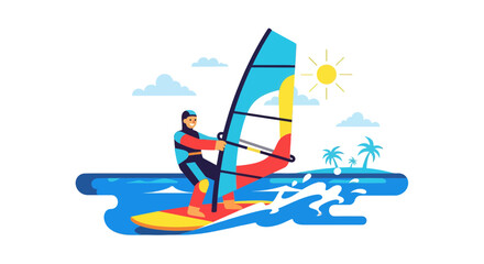 Windsurfer Gliding Across The Wavy Sea Under A Sunny Sky During Summer Adventure