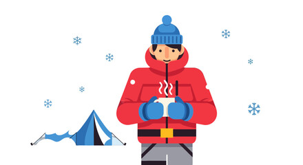Winter Camping Adventures: A Warm Beverage Amidst Snowfall and Wilderness Exploration