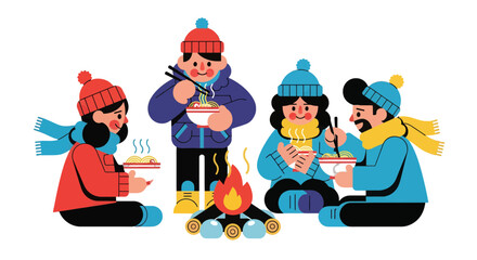 Winter Dining: A Group Enjoying Warm Food Around a Campfire in the Night