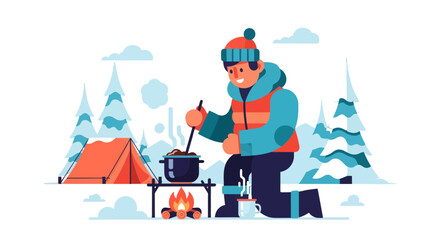 Winter Camping Adventure: A Joyful Camper Cooking Outdoors By Fireplace