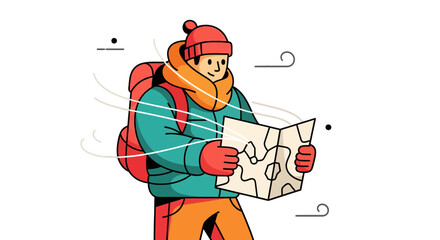 Winter Explorer Navigating the Snowy Landscape with a Detailed Topographic Map Reading