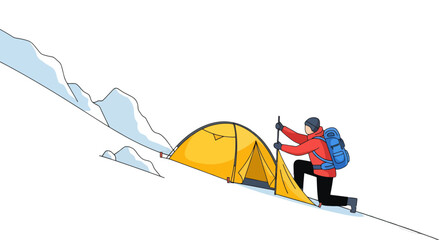 Winter Expedition: Adventurer Erecting Tent on Snowy Mountain Slope for Shelter