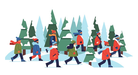 Winter Forest Expedition Depicting Group of People Enjoying Snowy Outdoor Recreation