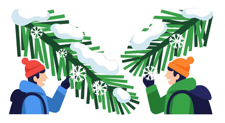 Winter Illustration Depicting Two Persons Admiring Fluffy Snowflakes on Pine Branches