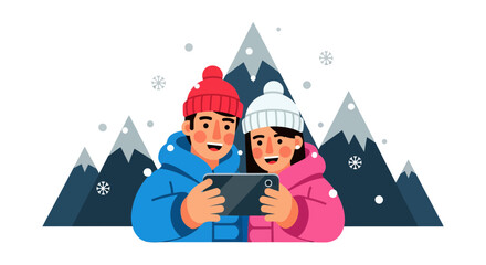 Winter Journey: A Couple Capturing Moments In Snowy Mountains With Smartphone Camera