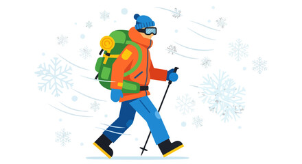 Winter Hiking Adventure In Snowy Conditions With A Backpack And Walking Poles