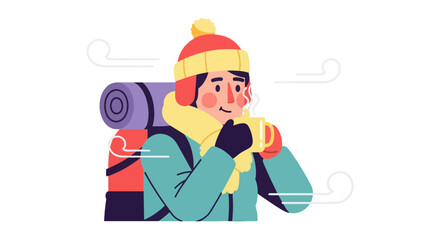 Winter Hiker Enjoying A Hot Drink, Embraced by the Cold Winds and Warmth