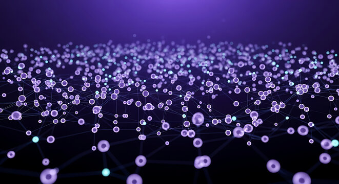 Network of interconnected nodes and lines forming a complex structure on a purple gradient background