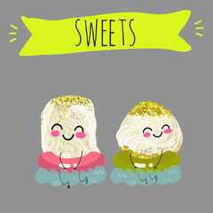 Funny Characters Turkish Halva confection, cubes with pistachio nut, layered chocolate tahini oriental dessert, hand drawn vector illustration.