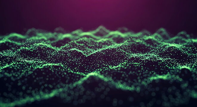 Abstract green network with connected dots forming a wavy surface on a dark purple background - Powered by Adobe