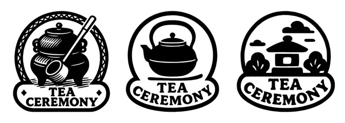 茶道アイコン入り丸形ロゴデザイン、Round Emblem Logos with Tea Ceremony Icons
