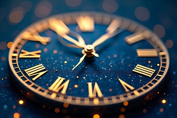 Elegant clock face with roman numerals and golden hands against blue backdrop