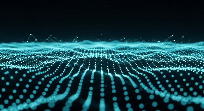 Abstract blue network with glowing dots and lines on a dark background creating a wave pattern