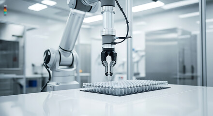 Automated robotic arm assembling vials in a pharmaceutical manufacturing facility, showcasing technology and precision in a cutting-edge clean environment