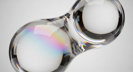 Two white spheres connected by transparent glass, one with rainbow effect.