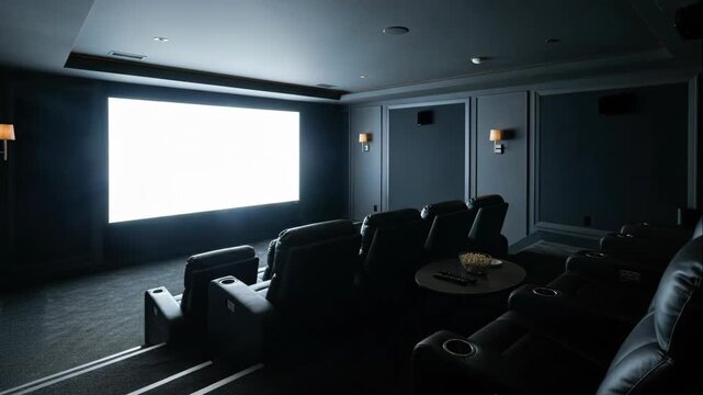 Home cinema room with black leather recliner seats, a table with popcorn and a screen showing a bright movie