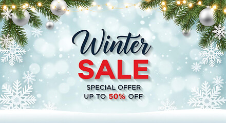 Don't Miss Our Winter Sale Up to 50% Off Featuring Festive Snowflakes, Ornaments, and Evergreen Branches for a Holiday Season Special Offer