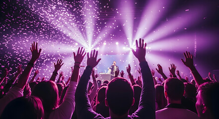 A crowd of people with raised hands enjoying a concert with bright purple stage lights and falling confetti.