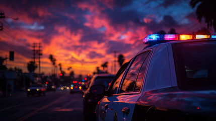 Police car lights glow at sunset while parked on a busy street. The vibrant sky sets a dramatic backdrop. This scene captures the urgency of law enforcement in action