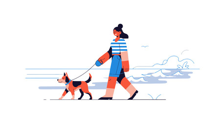 Woman Embarks On A Leisurely Seaside Walk With Her Happy Canine Companion