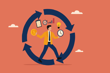 habitual procedures leading to business or career success, discipline or working efficiency, businesswoman carry out work with a circle of good work habit