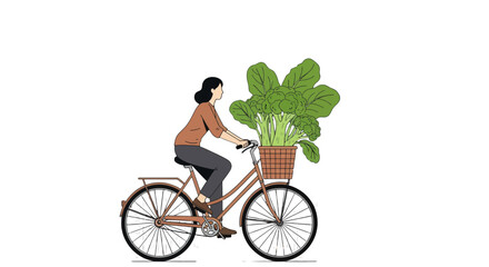 Woman Bicycling With Broccoli, Simple Illustration On Black Background Design